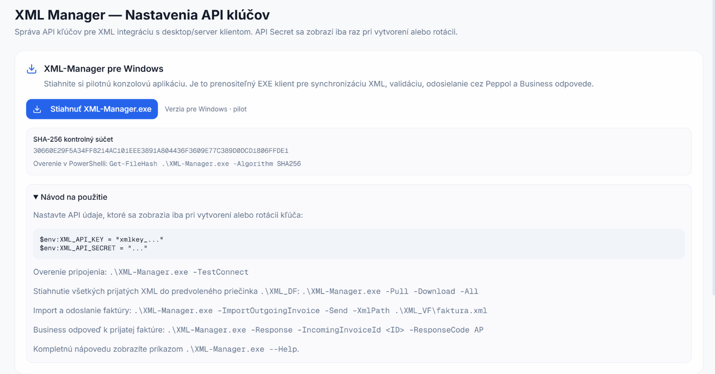 Ukážka nastavenia XML-Managera, stiahnutia EXE a návodu na použitie